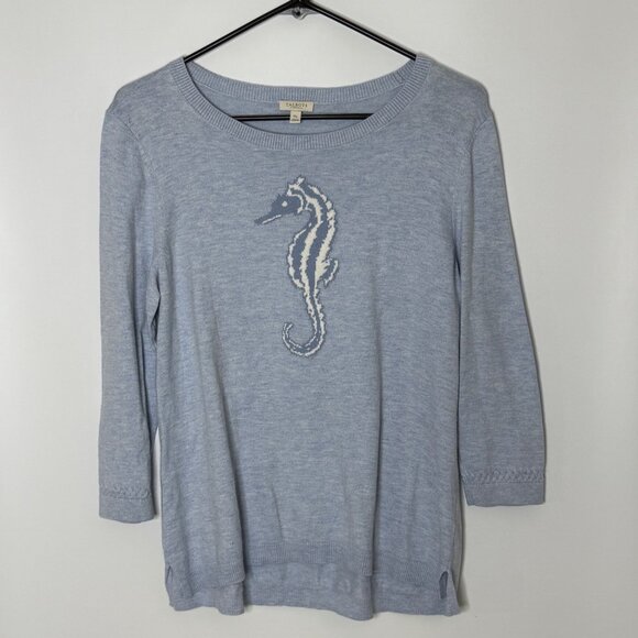 Talbots Scoop Neck Baby Blue 3/4 Sleeve Cotton Blend Seahorse Graphic Sweater MP - Picture 1 of 8